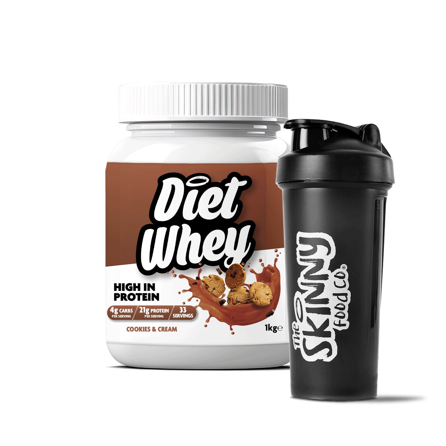 Diet Whey Protein + Free Shaker - Cookies & Cream 1kg - 21g protein per serving - theskinnyfoodco
