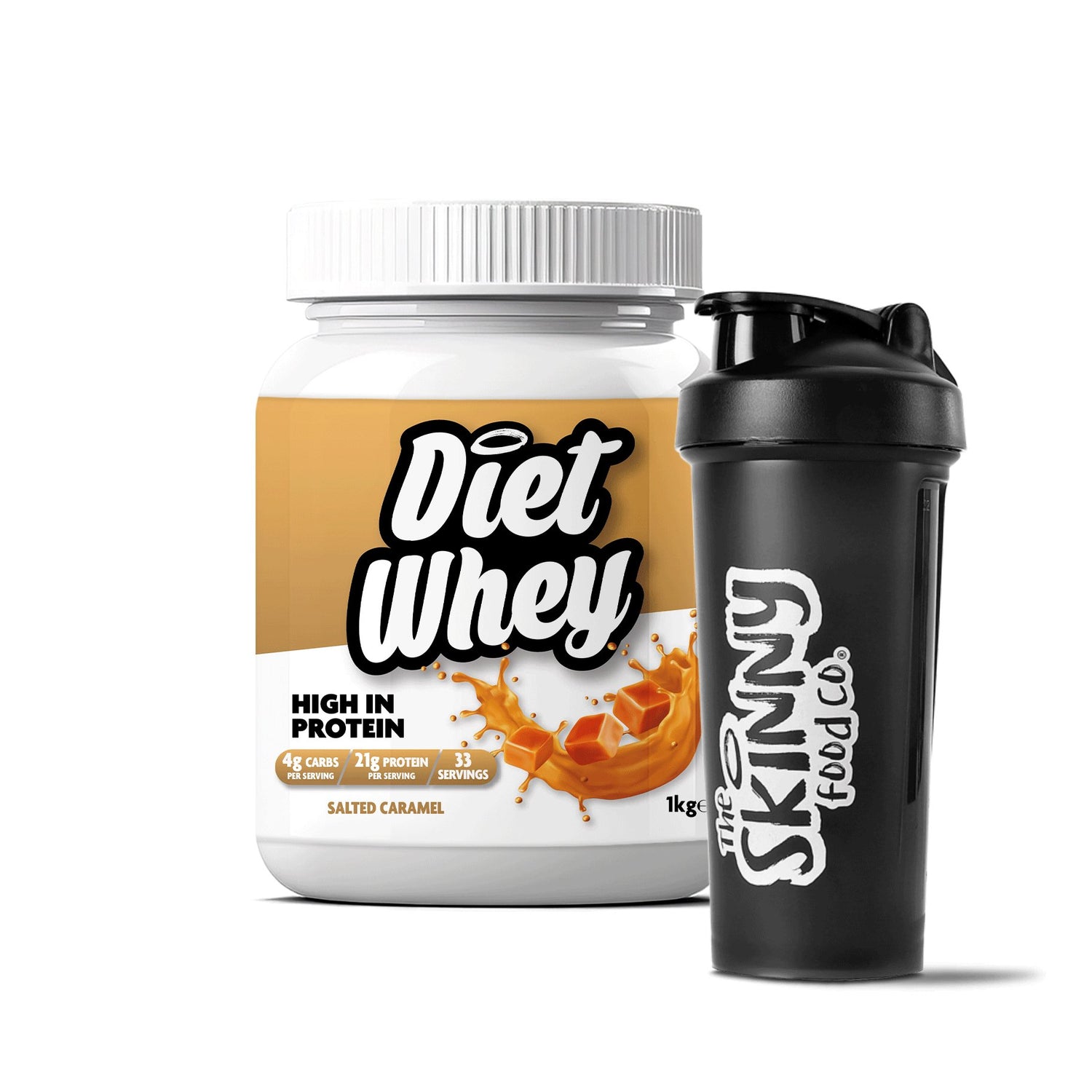 Diet Whey Protein + Free Shaker - Salted Caramel 1kg - 21g protein per serving - theskinnyfoodco