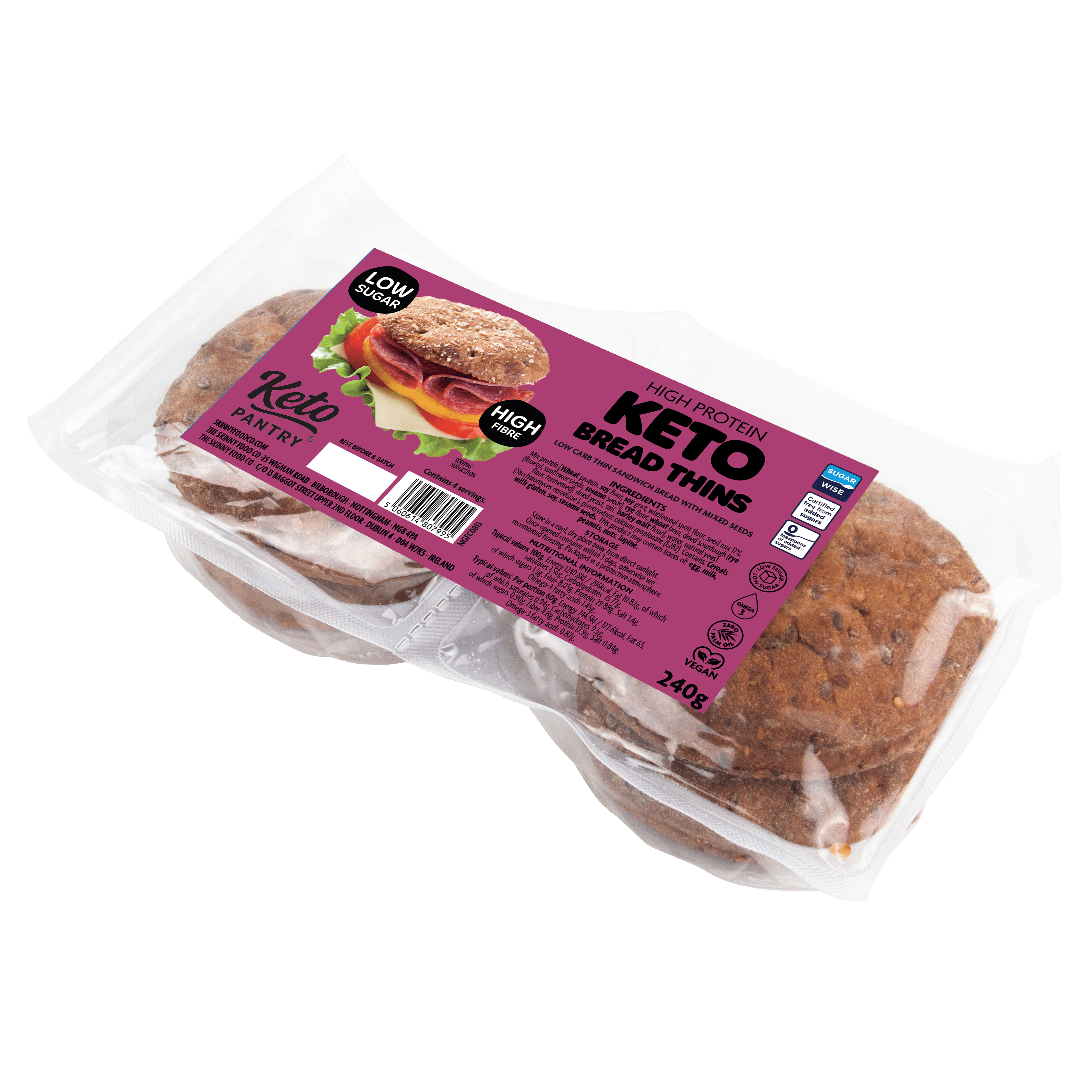 Keto Pantry High Protein Bread Bagel Thins - 17g protein per thin - 4 x 60g - theskinnyfoodco