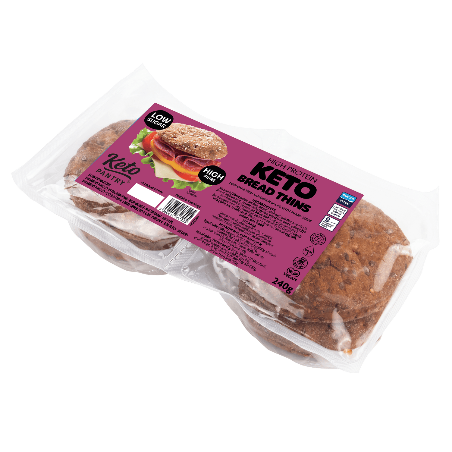 Keto Pantry High Protein Bread Bagel Thins - 17g protein per thin - 4 x 60g - theskinnyfoodco