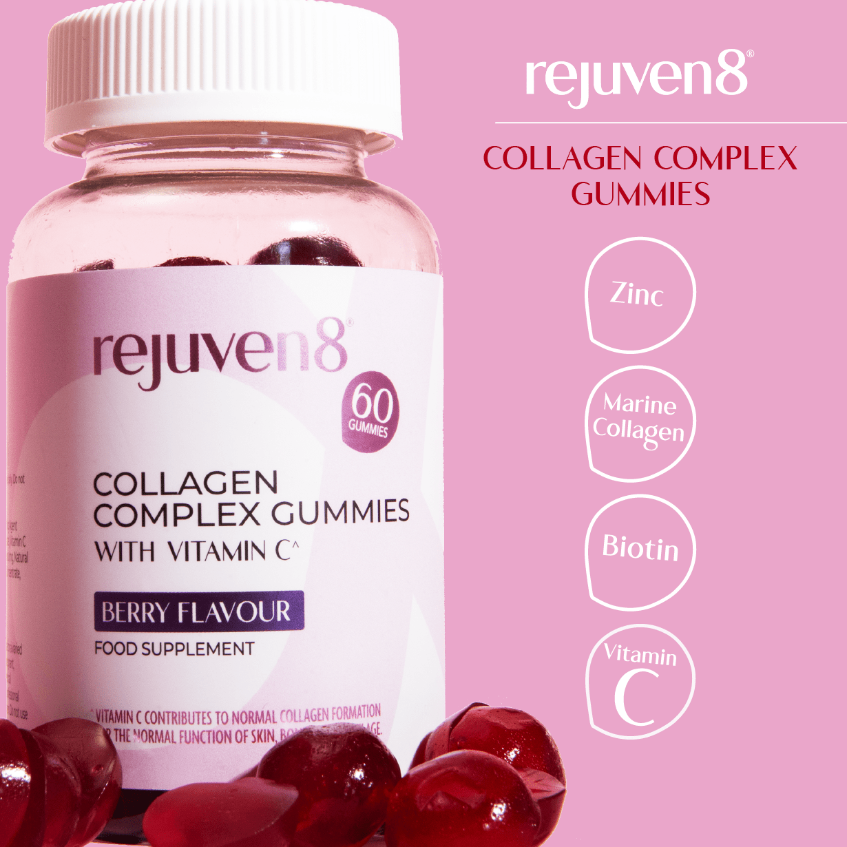 Rejuven8 Collagen Complex Gummies - 60 Gummies - theskinnyfoodco