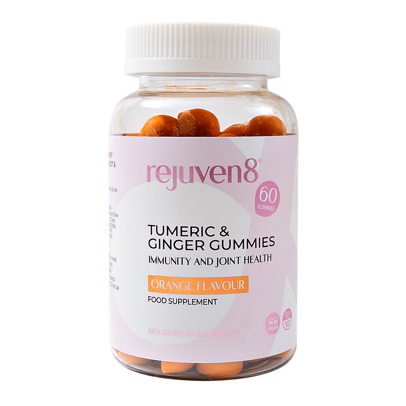 Rejuven8 Turmeric & Ginger Orange Flavour Gummies 300mg - 60 Gummies - theskinnyfoodco