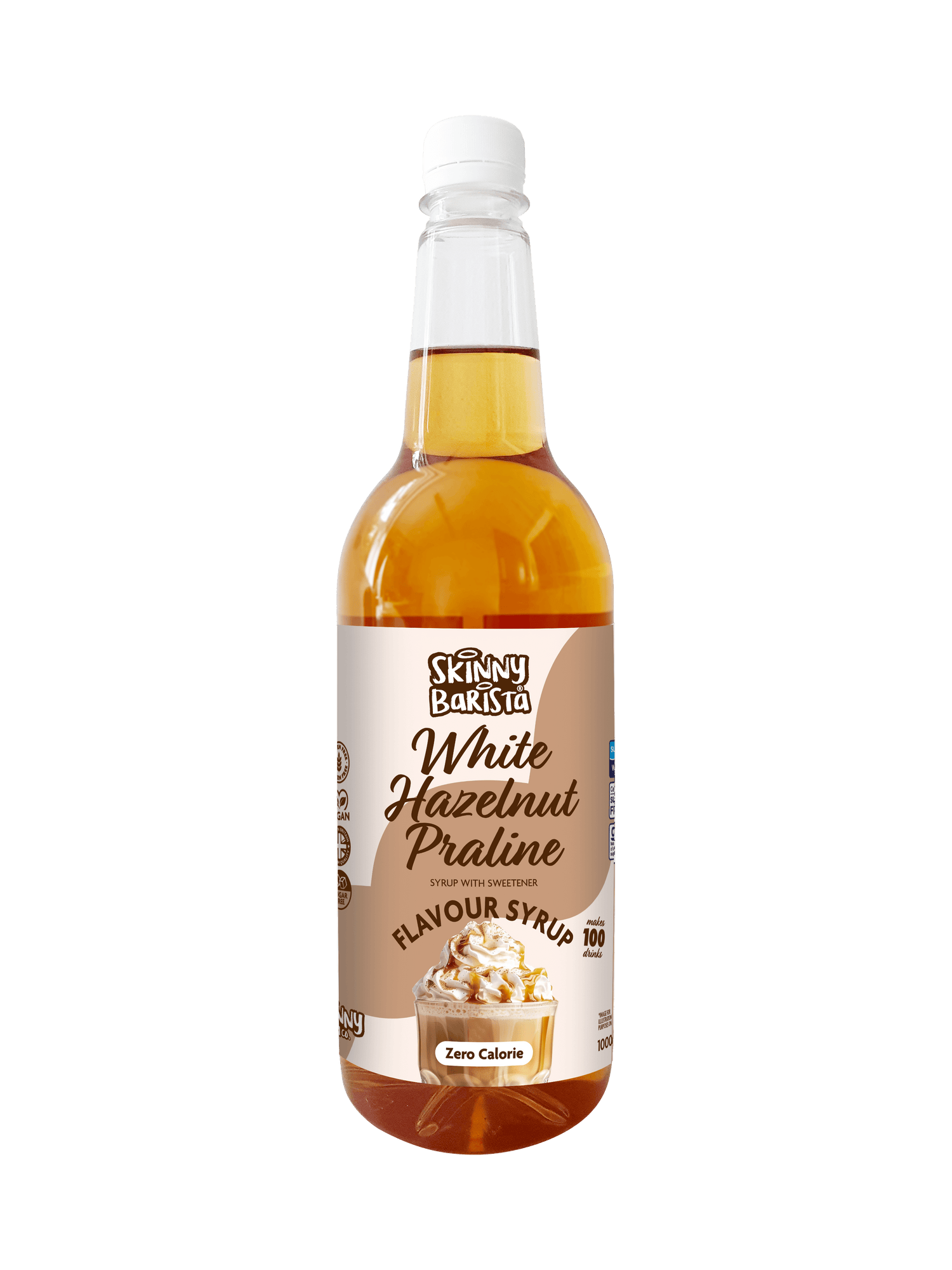 Skinny Barista White Hazelnut Praline Flavour Syrup - Zero Calorie Sugar Free Skinny Coffee - 1 Litre - theskinnyfoodco