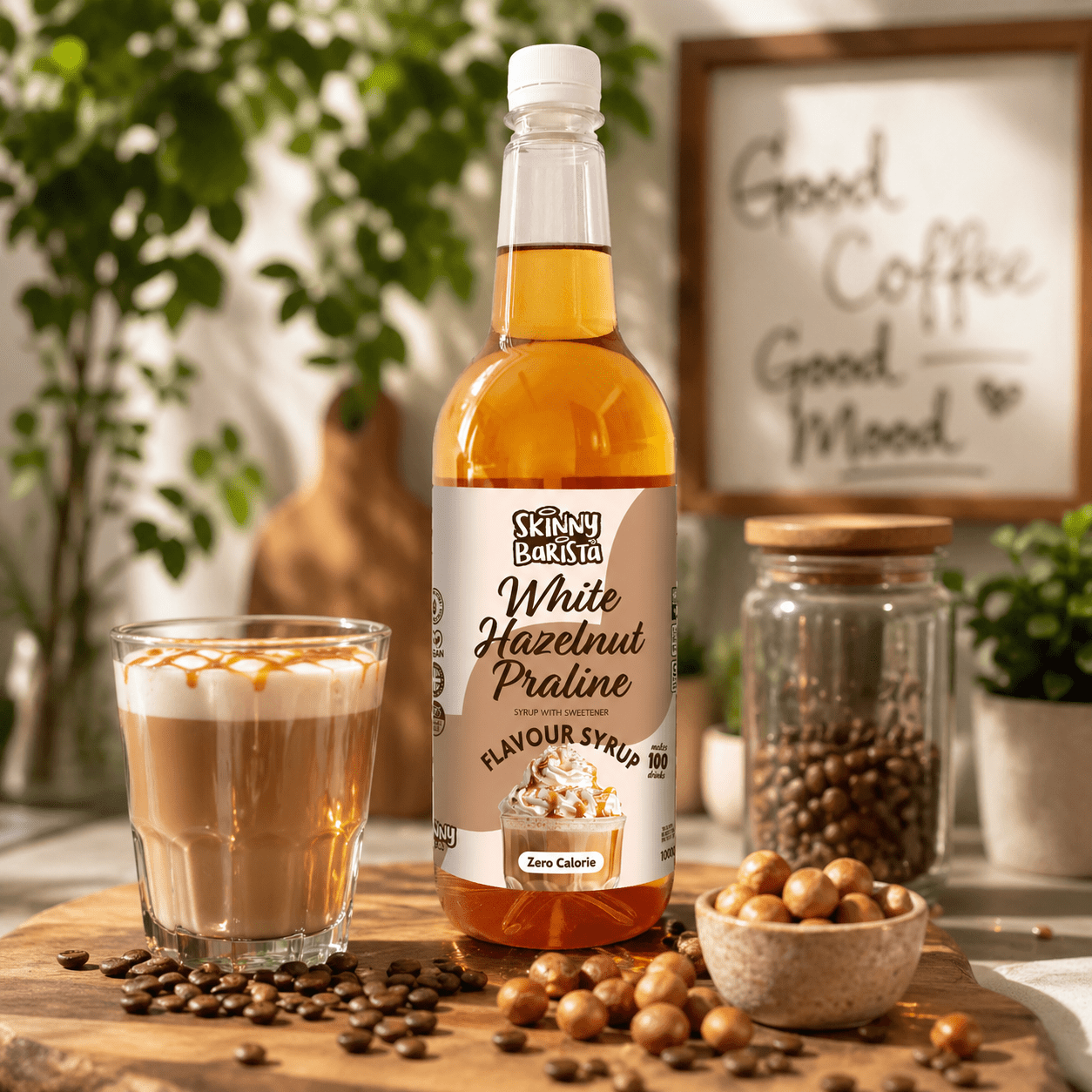 Skinny Barista White Hazelnut Praline Flavour Syrup - Zero Calorie Sugar Free Skinny Coffee - 1 Litre - theskinnyfoodco