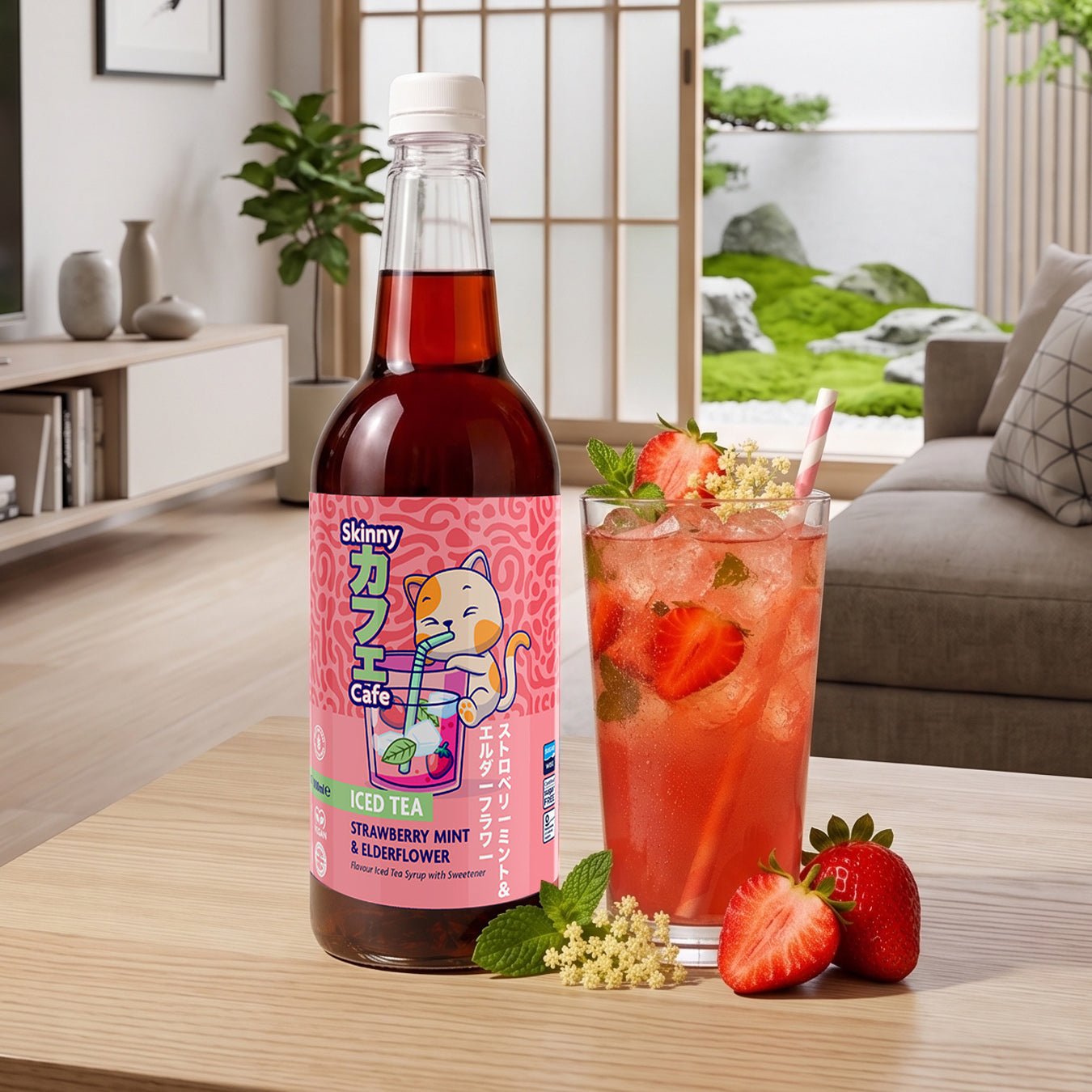 Skinny Caffe Strawberry Mint & Elderflower Flavour Zero Sugar Iced Tea Syrup - 1 litre - theskinnyfoodco