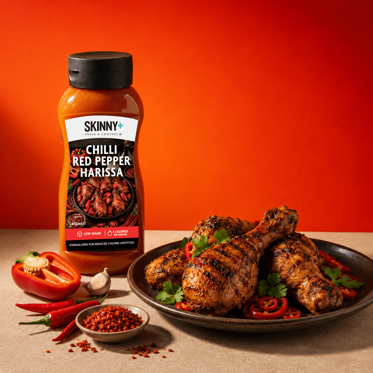 Skinny+ Chilli Red Pepper Harissa Flavour Sugar Free Skinny Sauce - 452ml - theskinnyfoodco