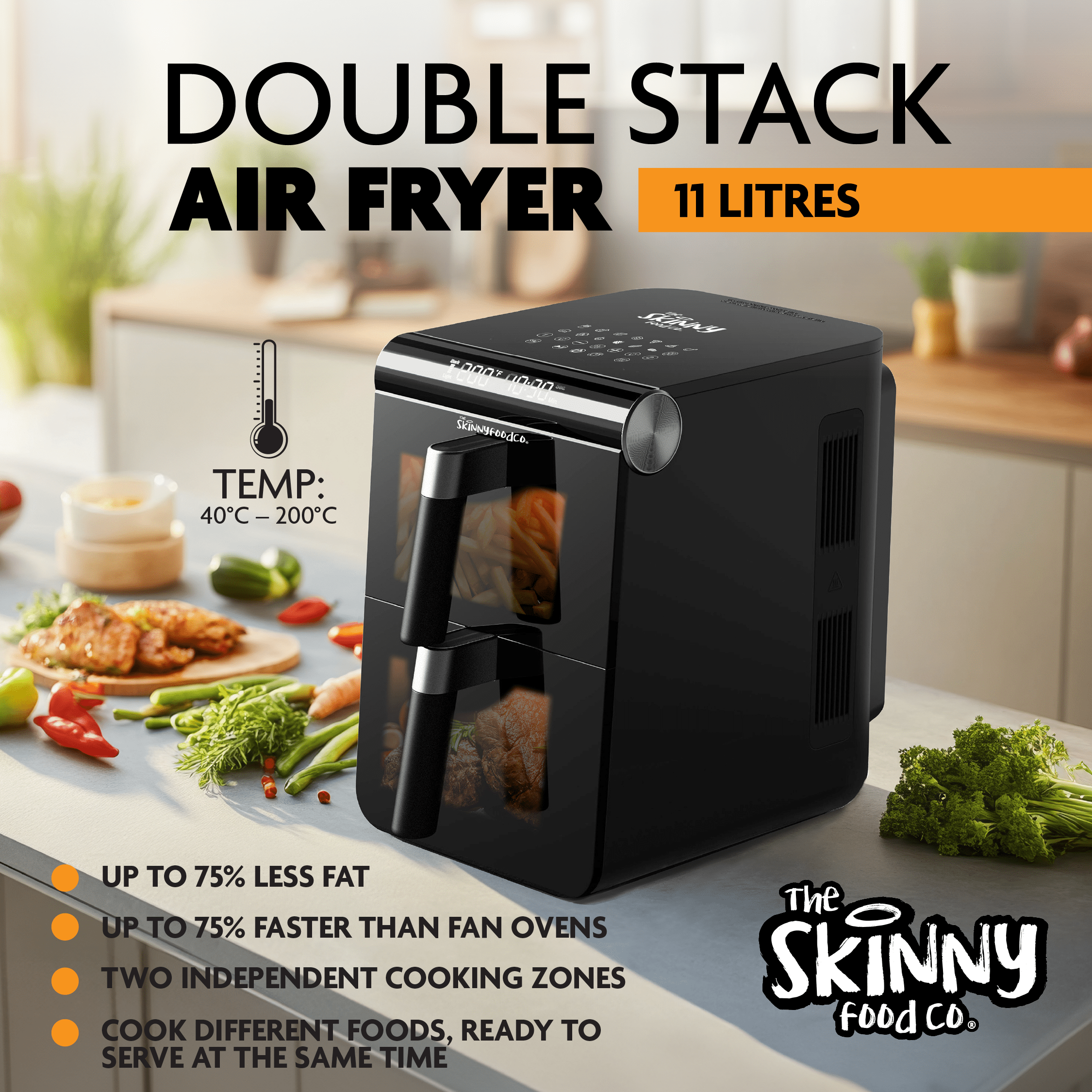 Skinny Food Co Black Double Stack Air fryer 11 Litre (Free Digital Air Fryer Recipe Book) - Ninja Alternative - theskinnyfoodco