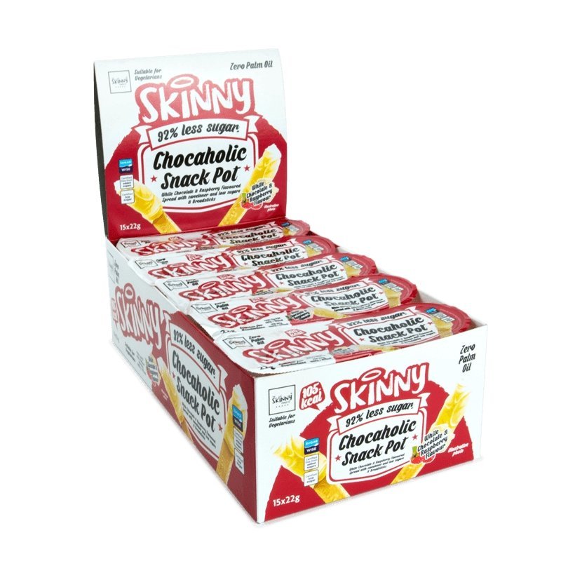(Clearance - Tidigare bäst före) Vit choklad Hallon Skinny Chocaholic Snack Pot Case - 15 x 22 g (september 2023 - mars 2023 Daterad) - theskinnyfoodco