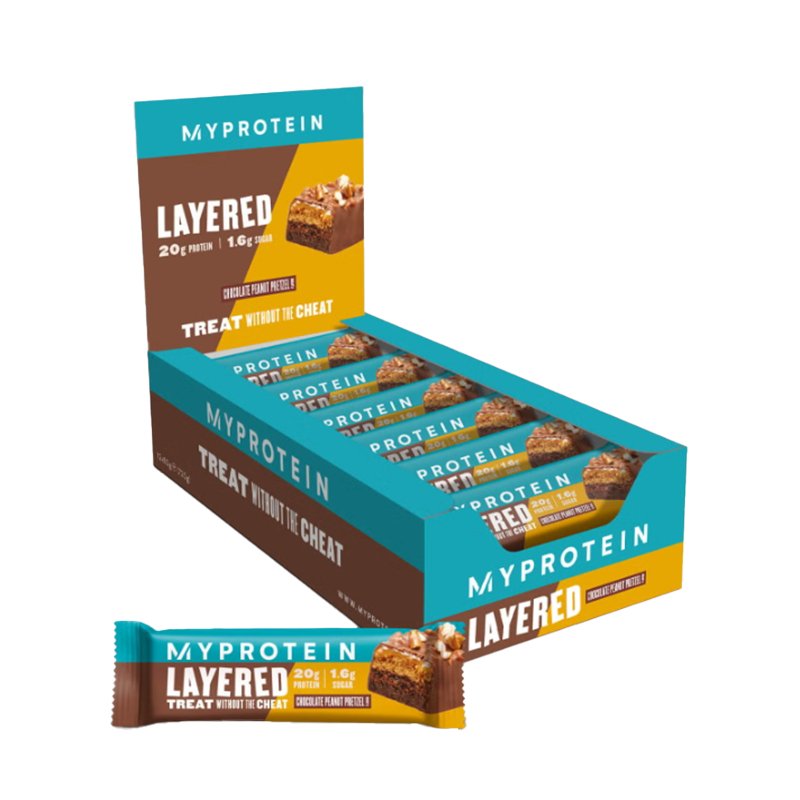 (Clearance – Short Dated) Myprotein Layered Chocolate Arašíd Preclík Proteinové tyčinky – 12 x 60 g (28. února 2024) – theskinnyfoodco