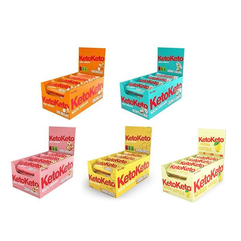 KetoKeto 12 x 50 g (Full Box) - 5 Geschmacksrichtungen - theskinnyfoodco