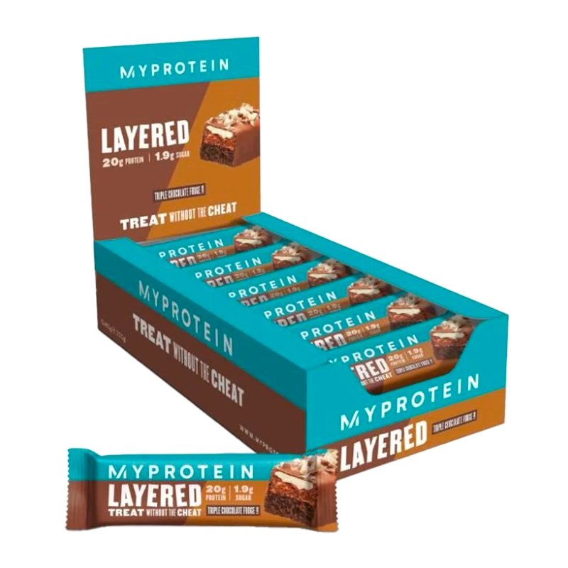 „Myprotein“ traškūs sluoksniai, trigubi šokoladiniai „Fudge“ baltymų batonėliai – 12 x 58 g – theskinnyfoodco