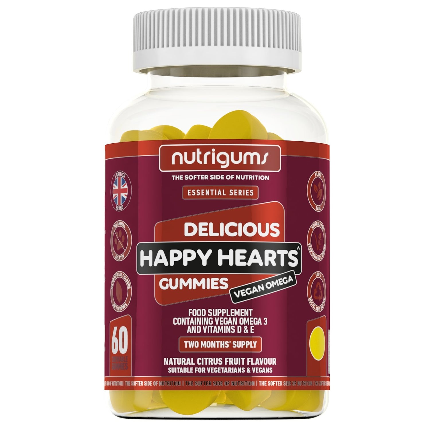 Nutrigums Happy Hearts Vegan Omega 60's Zitrusgeschmack (60 Fruchtgummis) - theskinnyfoodco