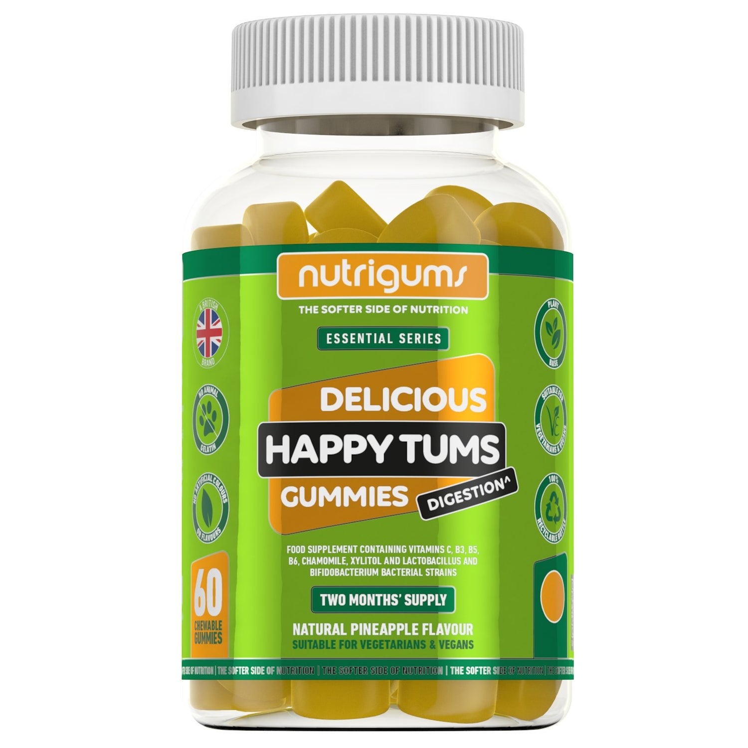 Nutrigums Happy Tums (probiotice) Gummie vegane cu ananas - theskinnyfoodco
