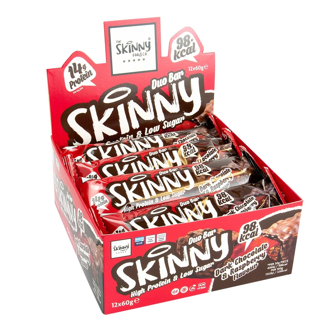 Skinny tyčinka s vysokým obsahom bielkovín a nízkym obsahom cukru - puzdro 12 x 60 g (6 príchute) - theskinnyfoodco