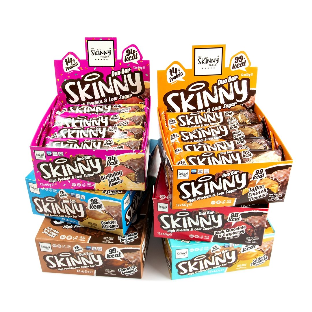 Skinny High Protein Low Sugar Bar - Doos van 12 x 60g (6 smaken) - Theskinnyfoodco