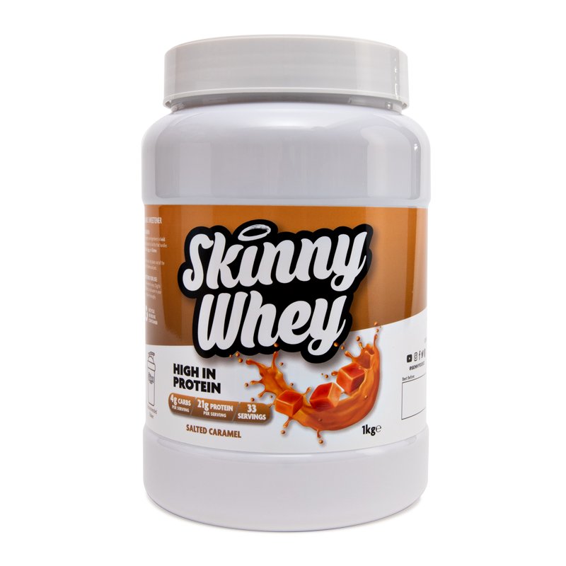 Skinny Whey Protein - Caramelo salado 1 kg - 21 g de proteína por ración - theskinnyfoodco