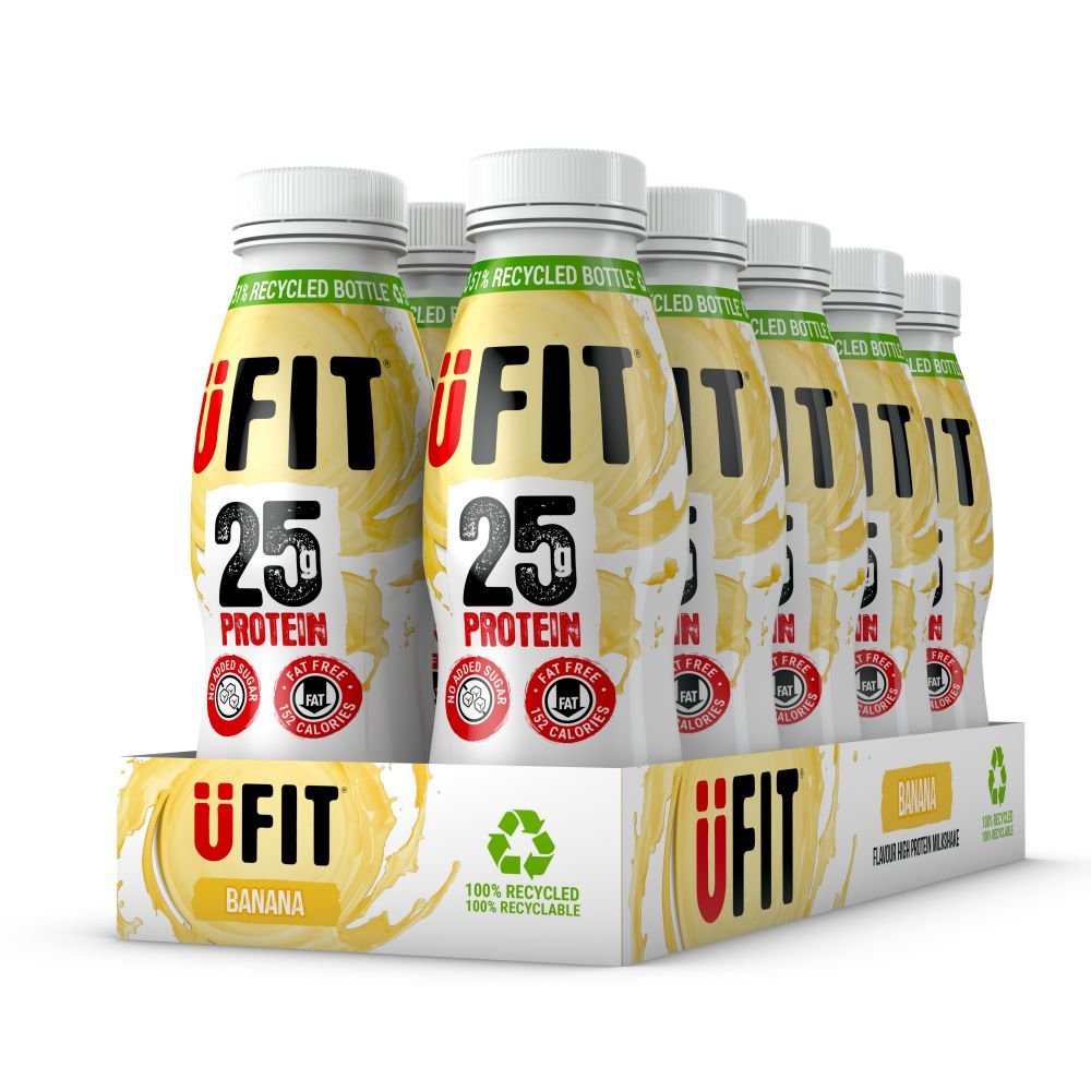 UFIT daug baltymų, paruošti gerti bananų kokteiliai – 25 g baltymų – theskinnyfoodco