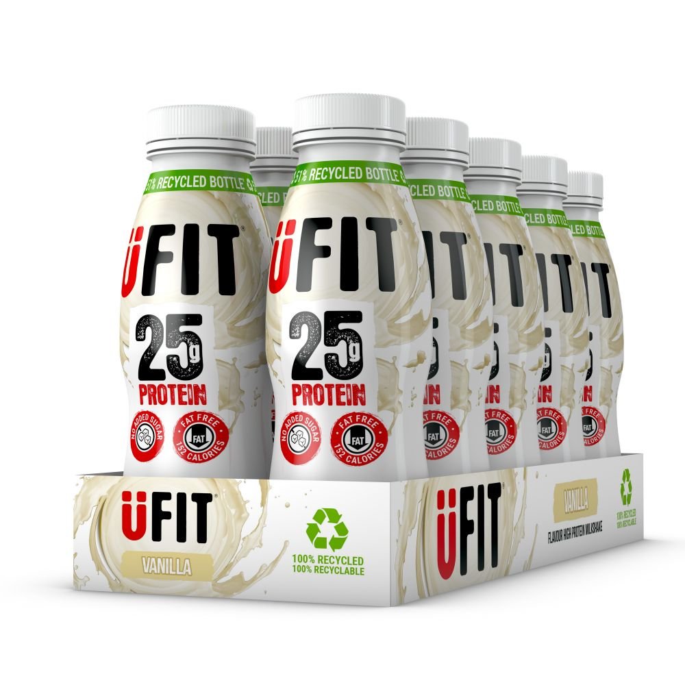 UFIT daug baltymų, paruošti gerti vaniliniai kokteiliai – 25 g baltymų – theskinnyfoodco