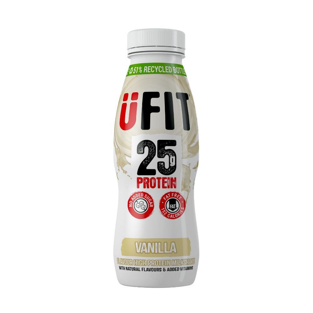 UFIT daug baltymų, paruošti gerti vaniliniai kokteiliai – 25 g baltymų – theskinnyfoodco